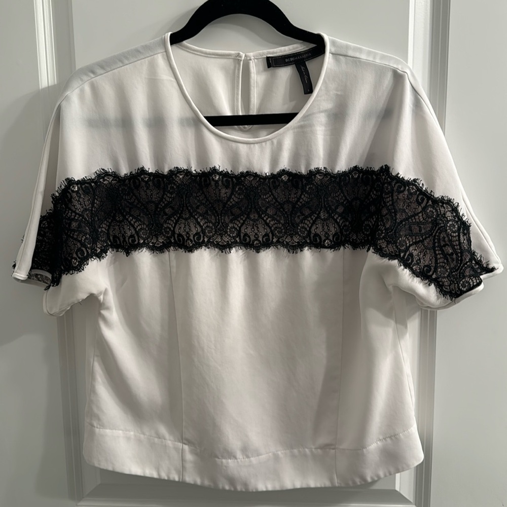 BCBG white blouse with black lace